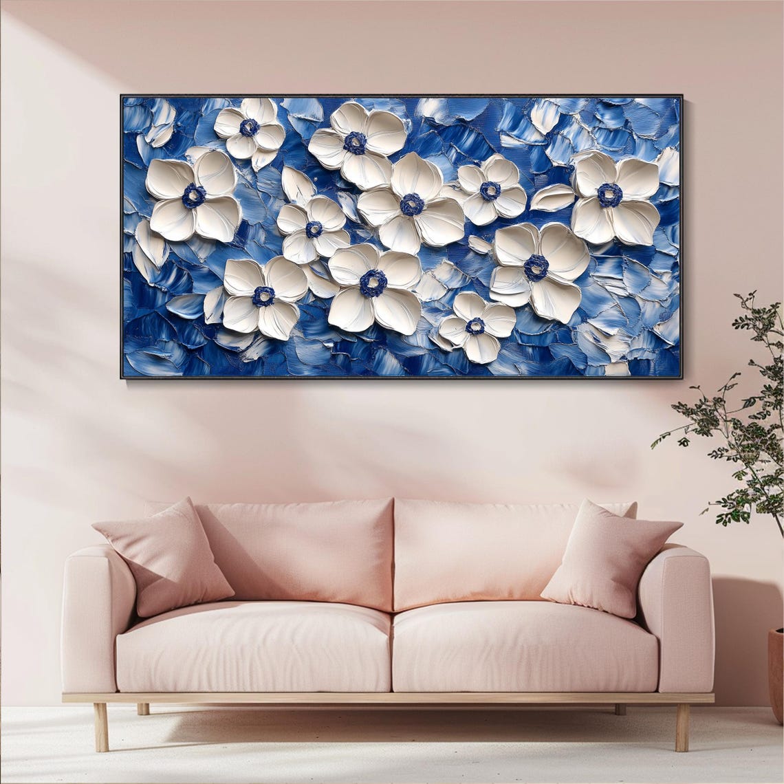 White Anemone Flowers On Deep Blue Swirling Impasto Textured Poster - Image 5