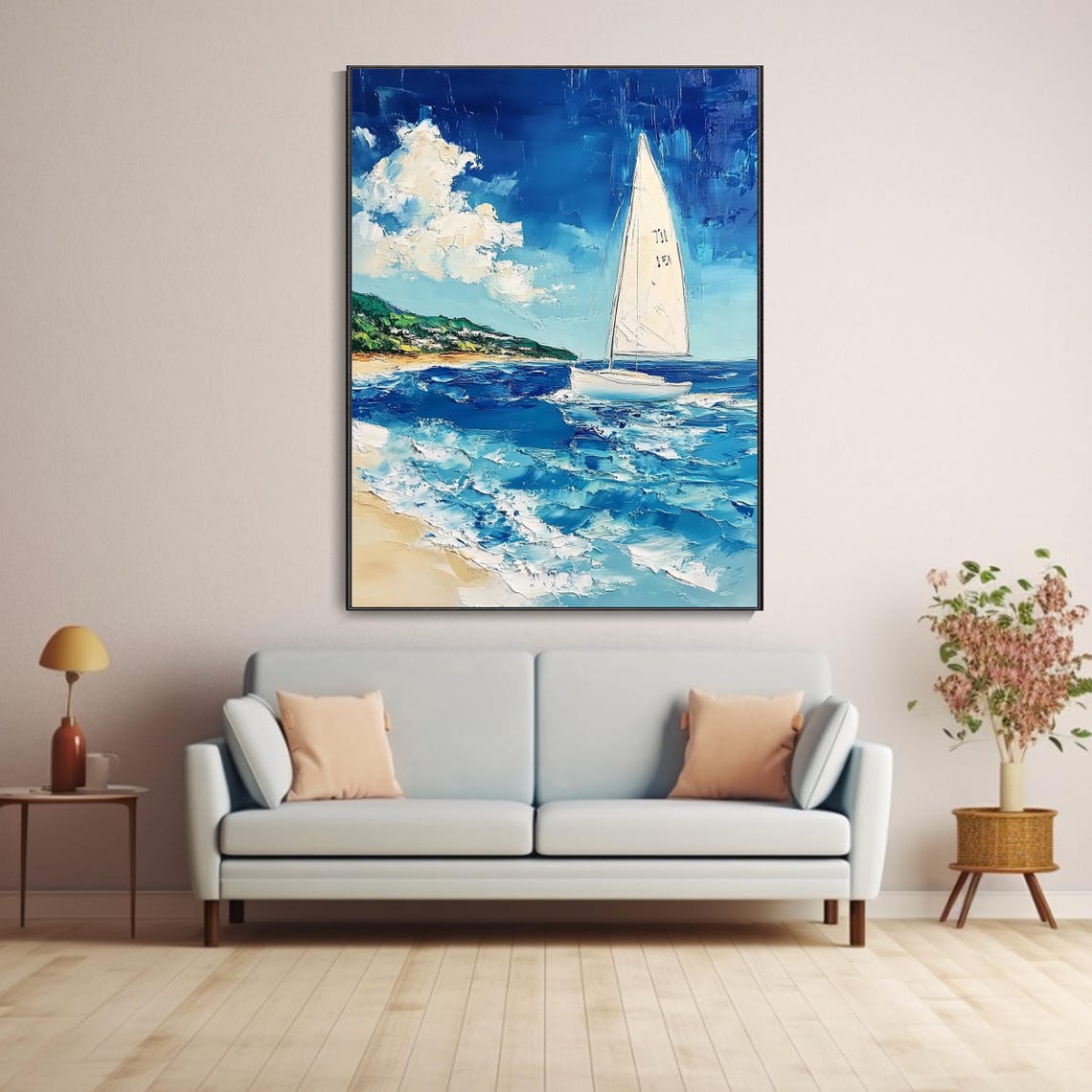 Lone White Sailboat by Sandy Beach Blue Waves Coastal Art Poster - Image 4
