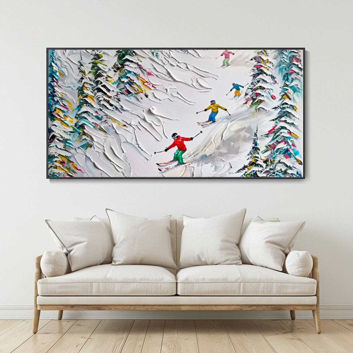 Colorful Skiers Descending Snowy Slope Textured Winter Sports Poster - Image 4