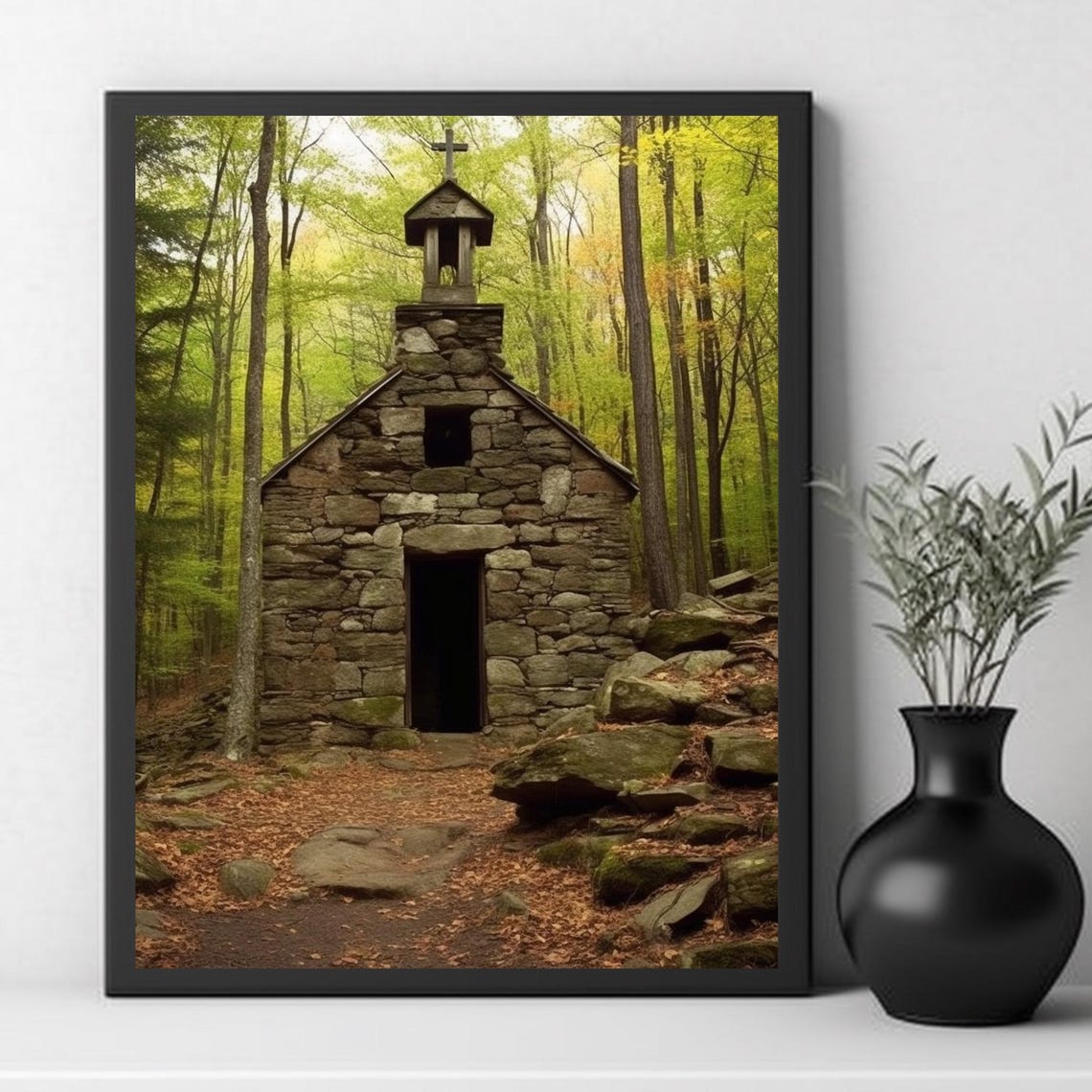 Ancient Stone Chapel Hidden Deep In A Golden Autumn Forest Poster