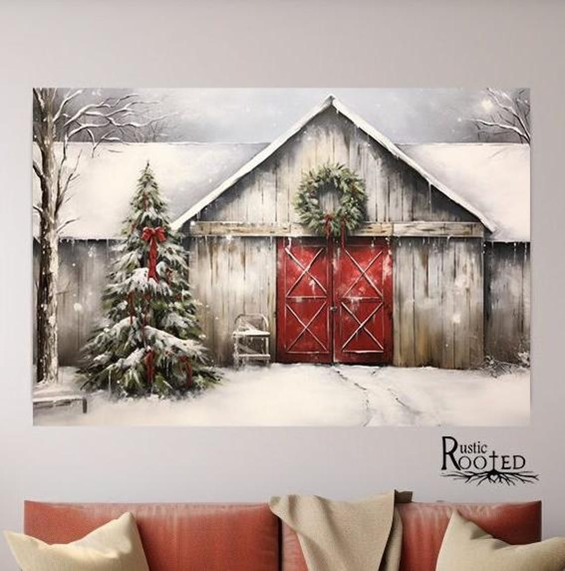 Snowy Winter Red Barn with Christmas Tree Holiday Scene Poster - Image 4
