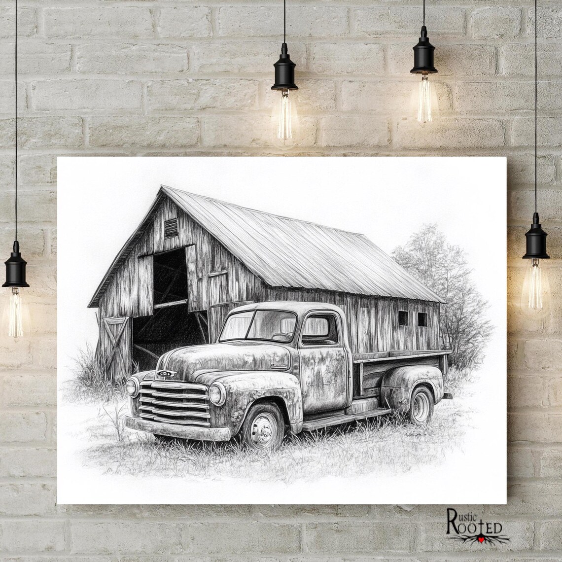 Old Country Barn & Vintage Truck Charcoal Art Print - Image 4