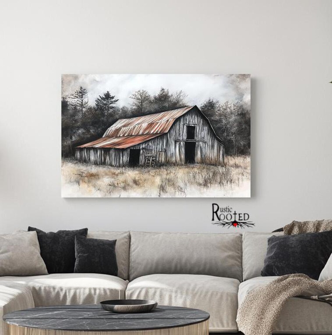 Charcoal Drawing of Weathered Barn with Rusty Red Roof Poster - Image 2