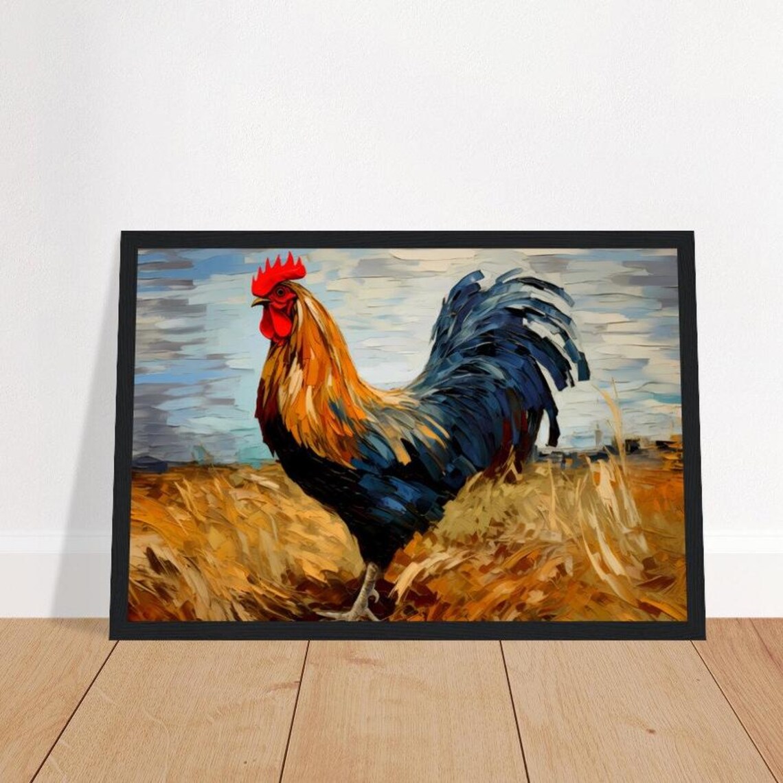 Colorful Rooster Oil Painting in a Golden Wheat Field Poster