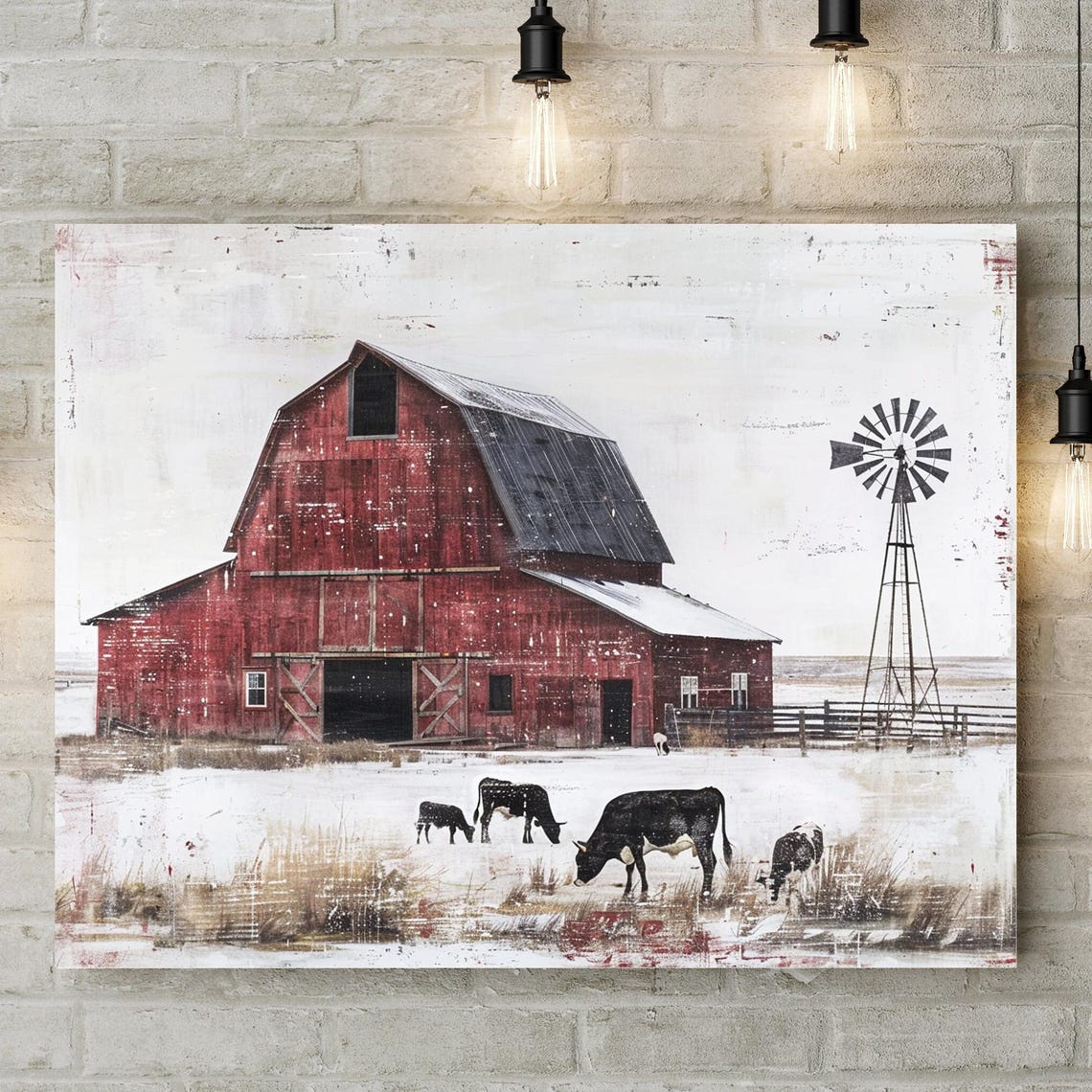 Vintage Red Barn with Windmill and Grazing Cows in Snow Poster - Image 4