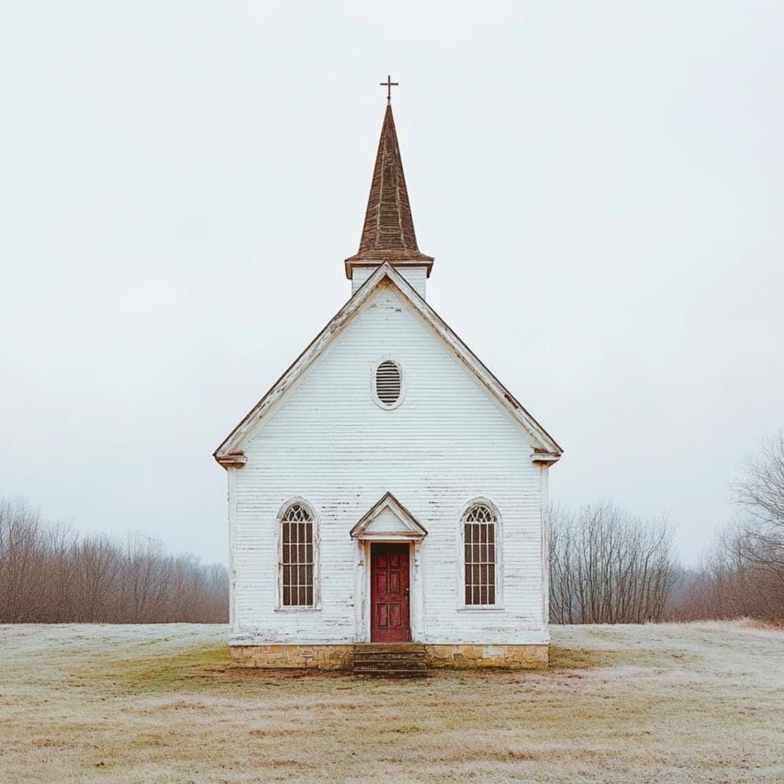 White Country Church with Red Door in a Snowy Field Scene Poster - Image 2