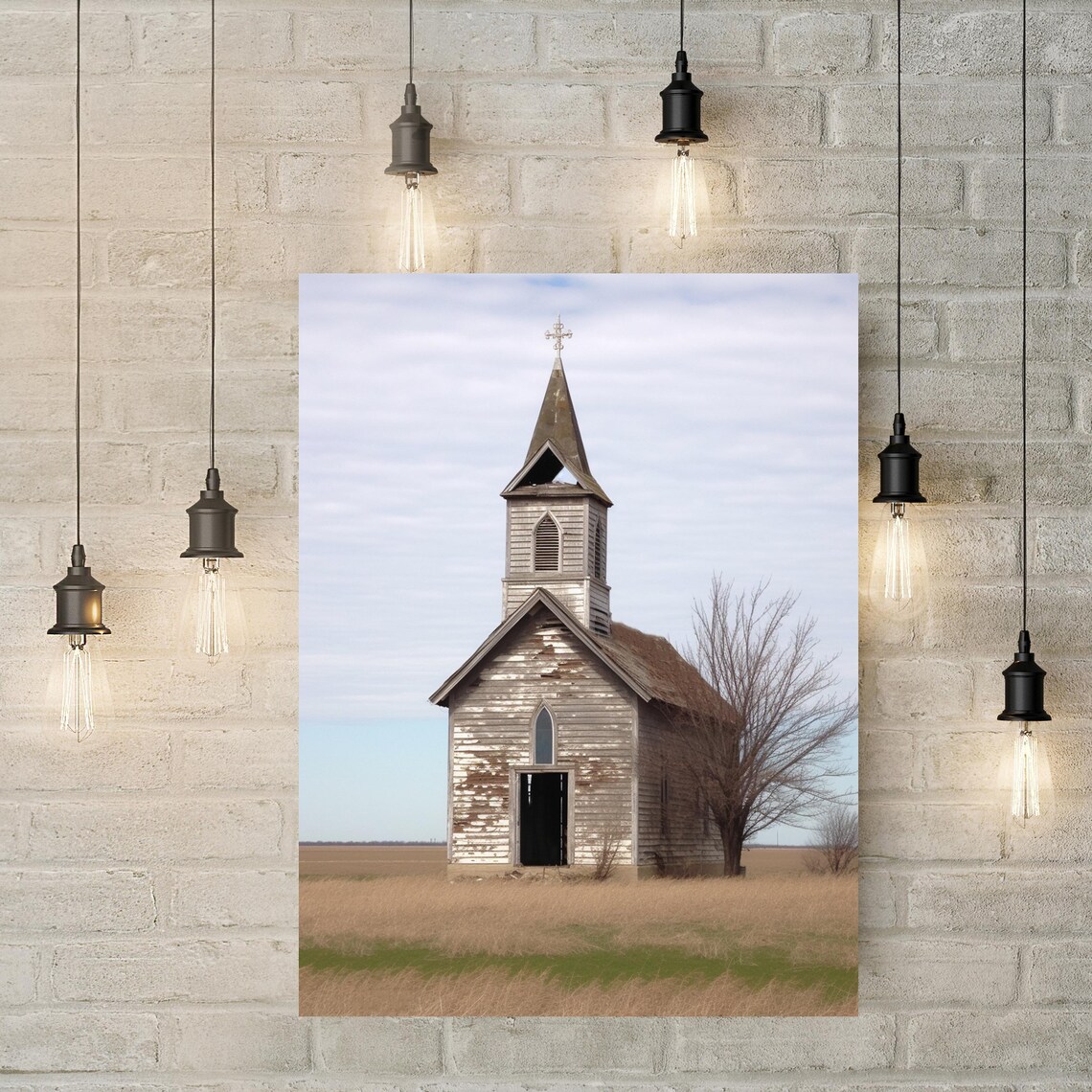 Rustic Farmhouse Church House, White Washed Art Print - Image 3