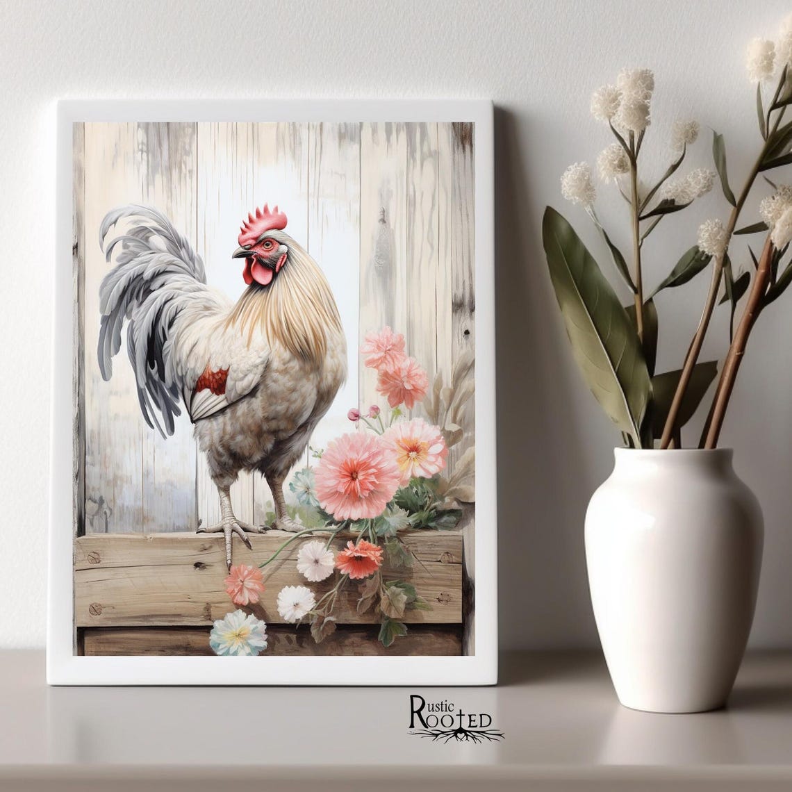 White Rooster With Pink Flowers On Rustic Farmhouse Ledge Poster