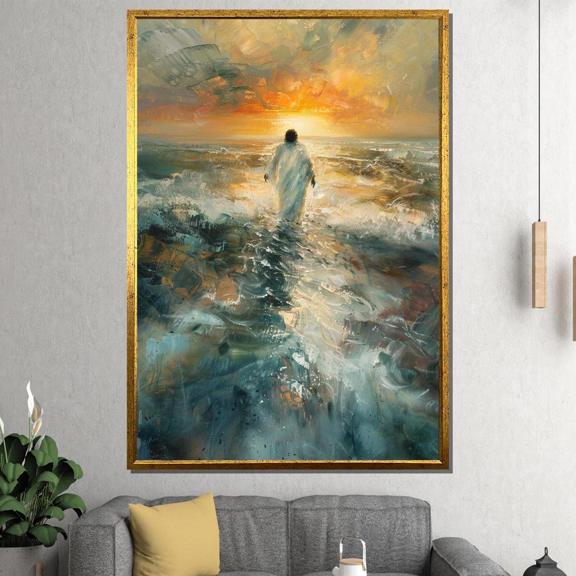 Jesus Walking on Water Sunrise Ocean Miraculous Faith Poster