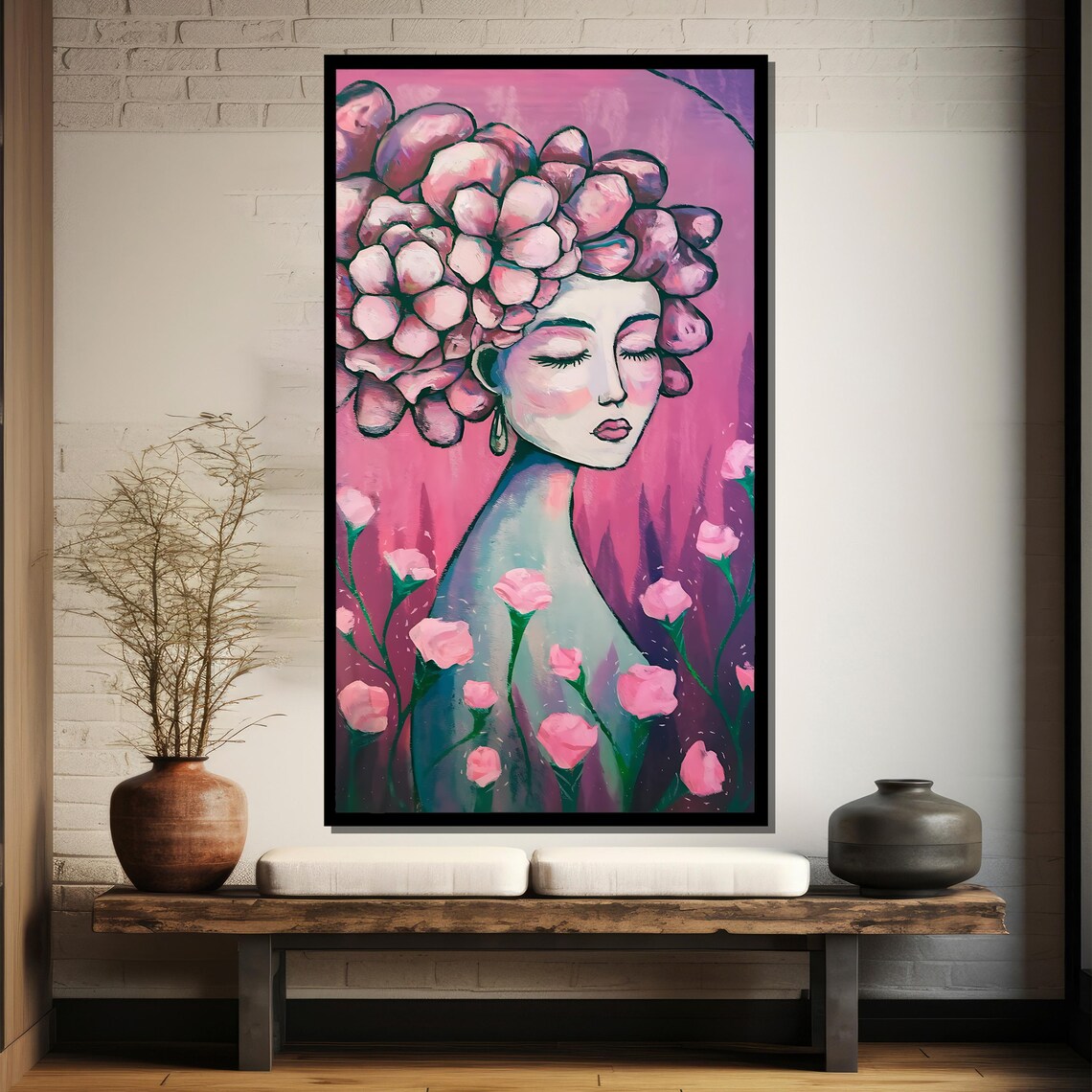 Dreamy Floral Woman Pink Peony Crown Abstract Feminine Portrait Poster - Image 2