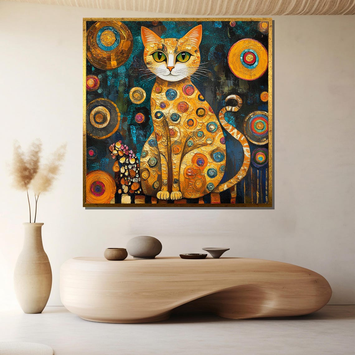 Regal Golden Klimt Inspired Cat Mosaic Circles Portrait Poster - Image 2