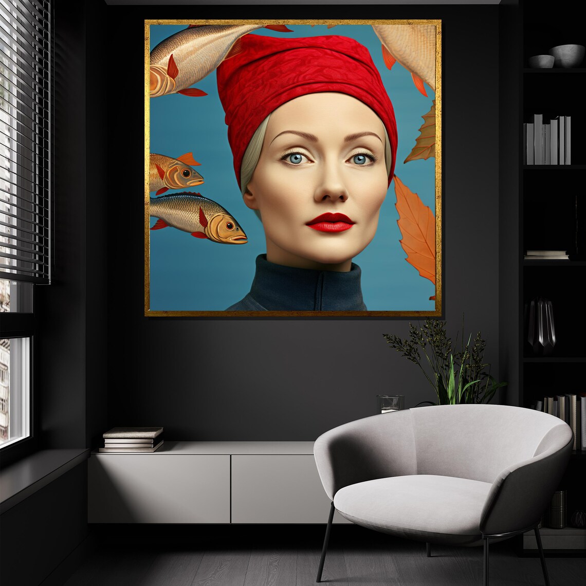 Surreal Woman Red Turban Portrait with Flying Fish Teal Art Poster - Image 4