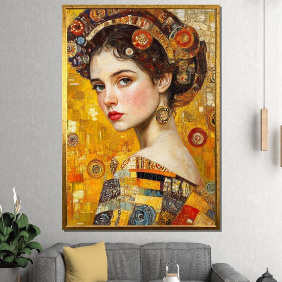 Klimt Style Woman Canvas Painting Golden Mosaic Portrait Wall Art Elegant Feminine Gift For Living Room Gallery Or Studio Decor