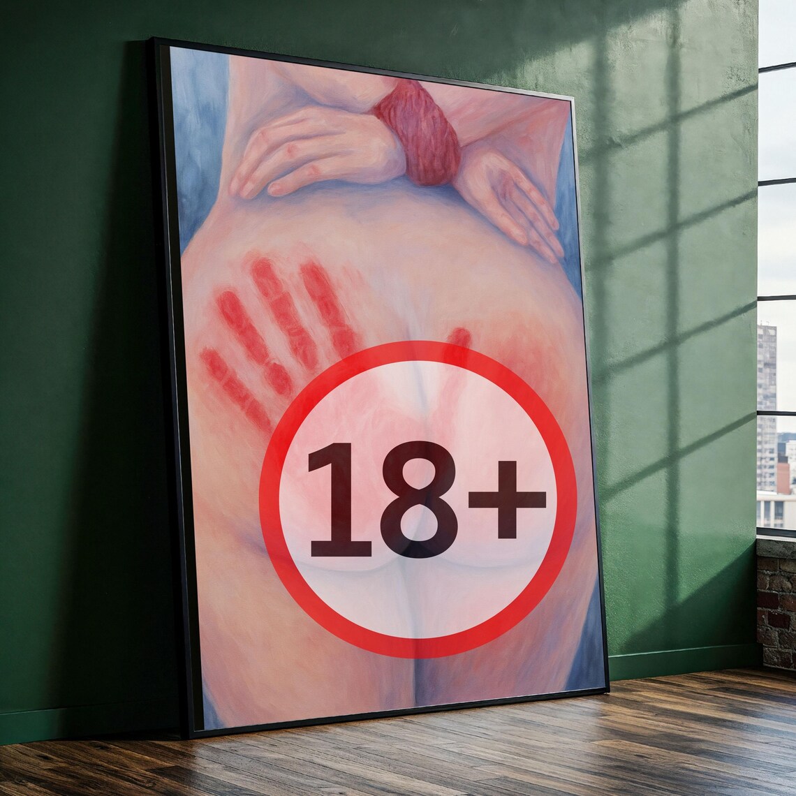 Passionate Lovers Embrace Adult Erotic Painting Marked with 18 Plus Sign Poster
