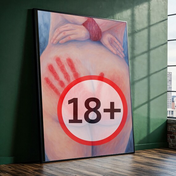Passionate Lovers Embrace Adult Erotic Painting Marked with 18 Plus Sign Poster