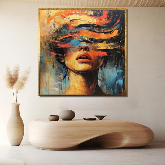 Abstract Woman Portrait Canvas Colorful Face Art With Brush Stroke Eyes In Orange Blue And Gold For Bold Modern Boho Interior Wall Decor