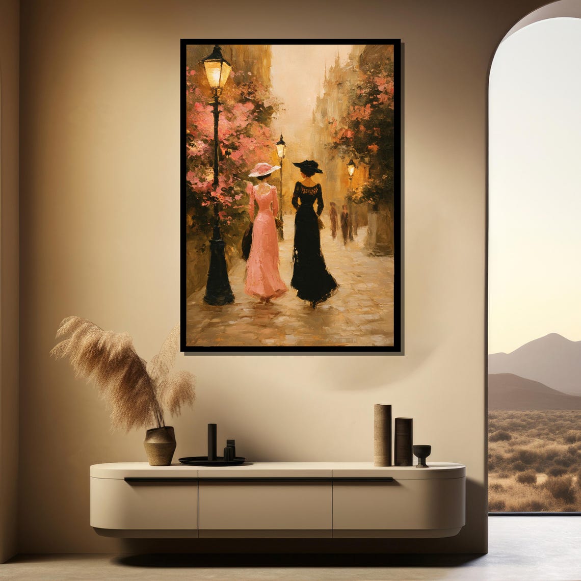 Romantic Lamplit Boulevard Stroll Two Elegant Women in Bloom Poster - Image 3
