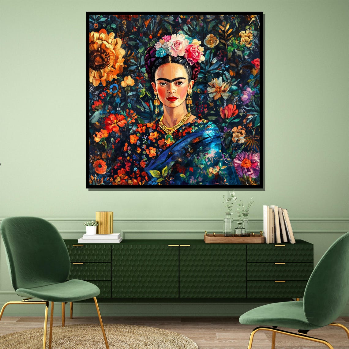 Frida Kahlo Floral Portrait Flower Crown Vibrant Botanical Art Poster - Image 3
