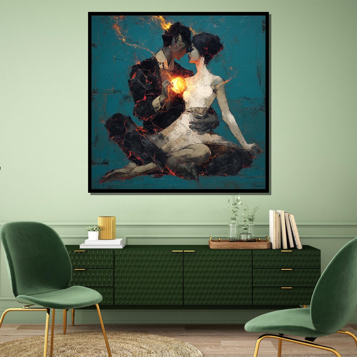 Lovers Embrace With Glowing Heart Romantic Dark Teal Art Poster - Image 2
