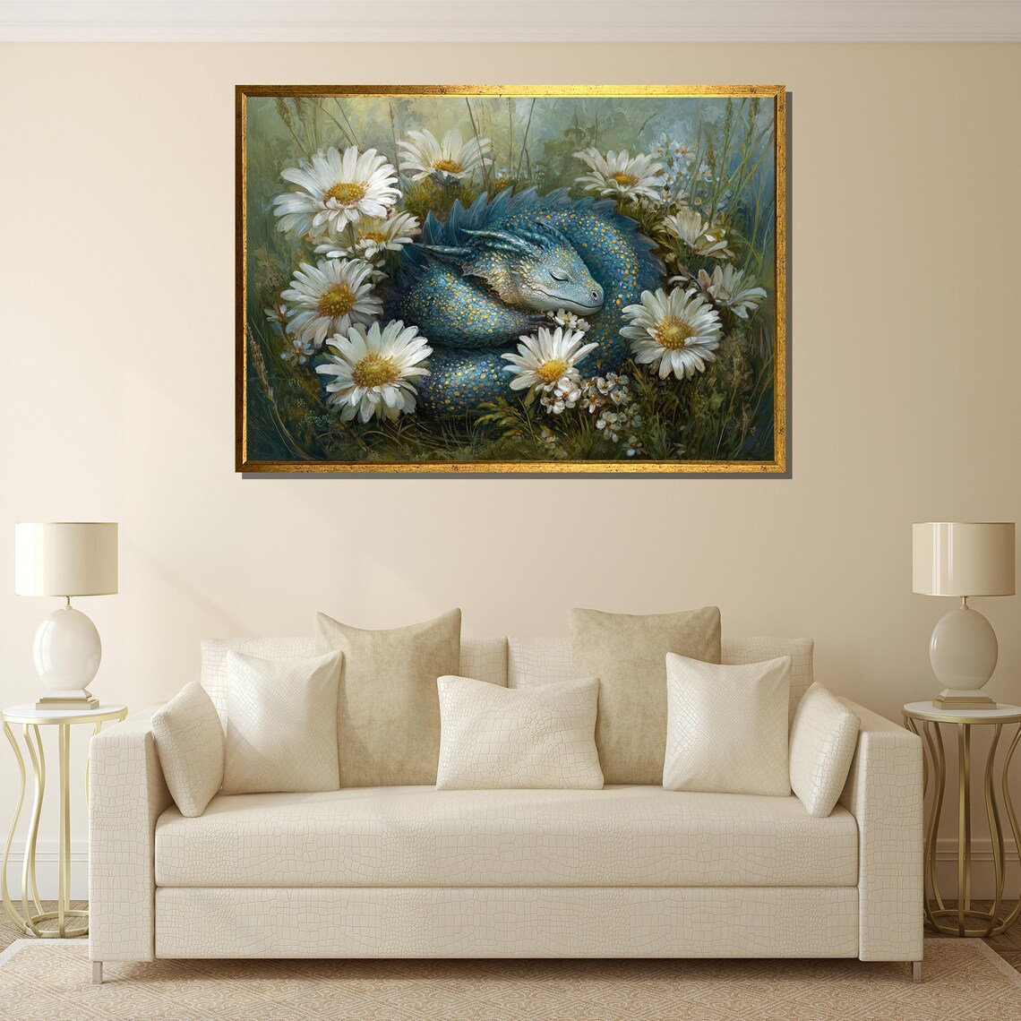 Sleeping Blue Dragon Among White Daisies Fantasy Floral Painting Poster - Image 2