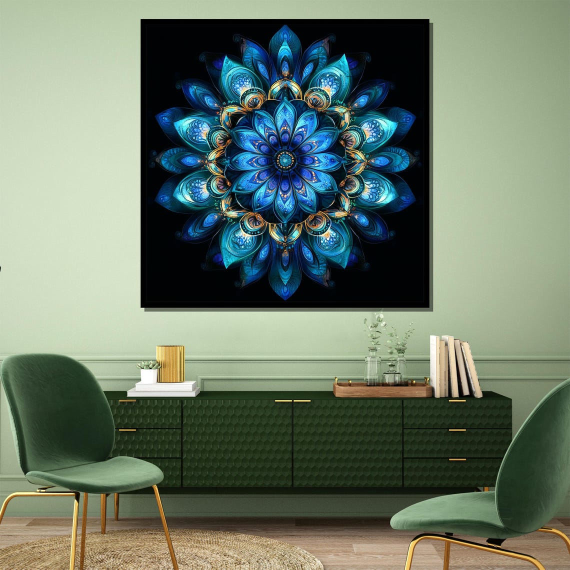 Teal Mandala Flower Black Background Geometric Symmetry Poster - Image 2
