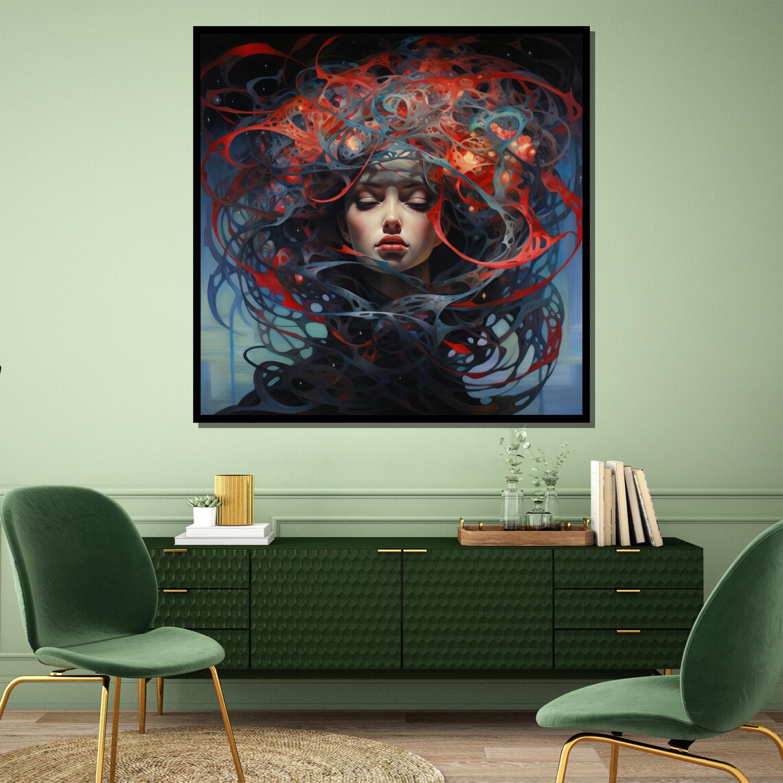Mystic Woman Cosmic Swirling Red Blue Hair Fantasy Portrait Poster - Image 3