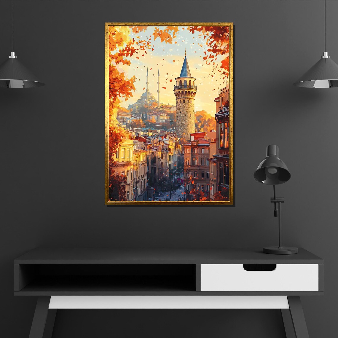 Galata Tower Istanbul Autumn Golden Leaves City Skyline Poster - Image 2