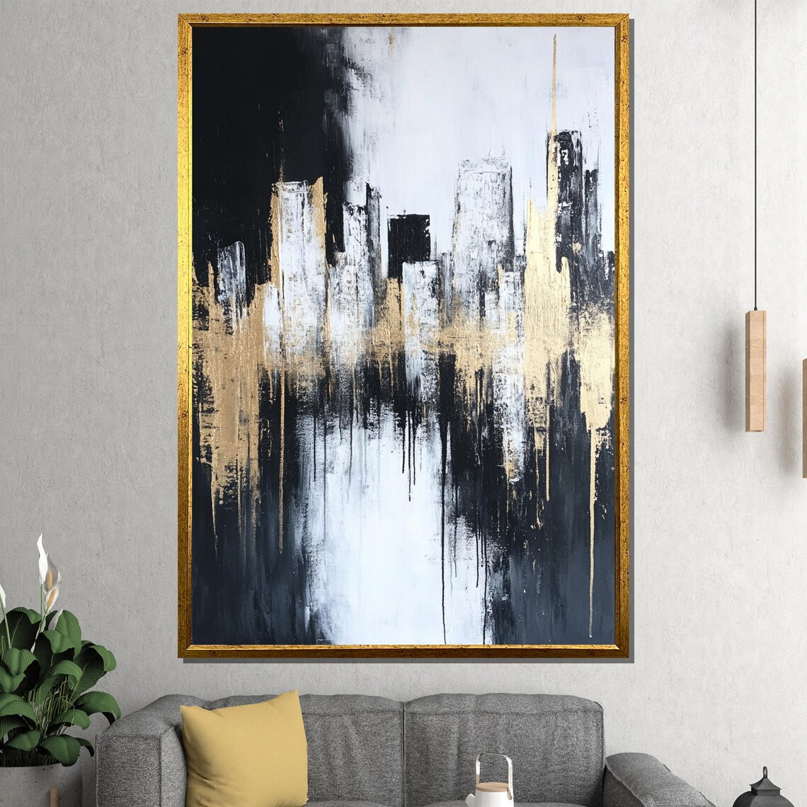 Abstract City Skyline Black White Gold Brushstroke Art Poster
