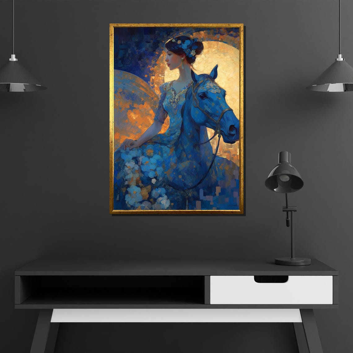 Fantasy Woman Riding Blue Horse Beneath Golden Moon Wall Art - Image 4