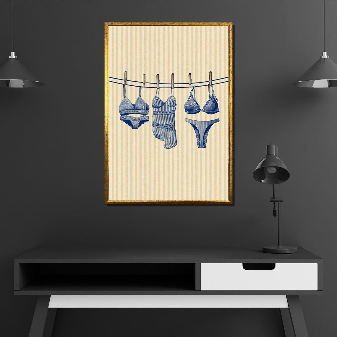 Lingerie Hanging On Clothesline Evokes Feminine Charm Minimalist Illustration Canvas Painting Ready To Hang Gift - Image 4