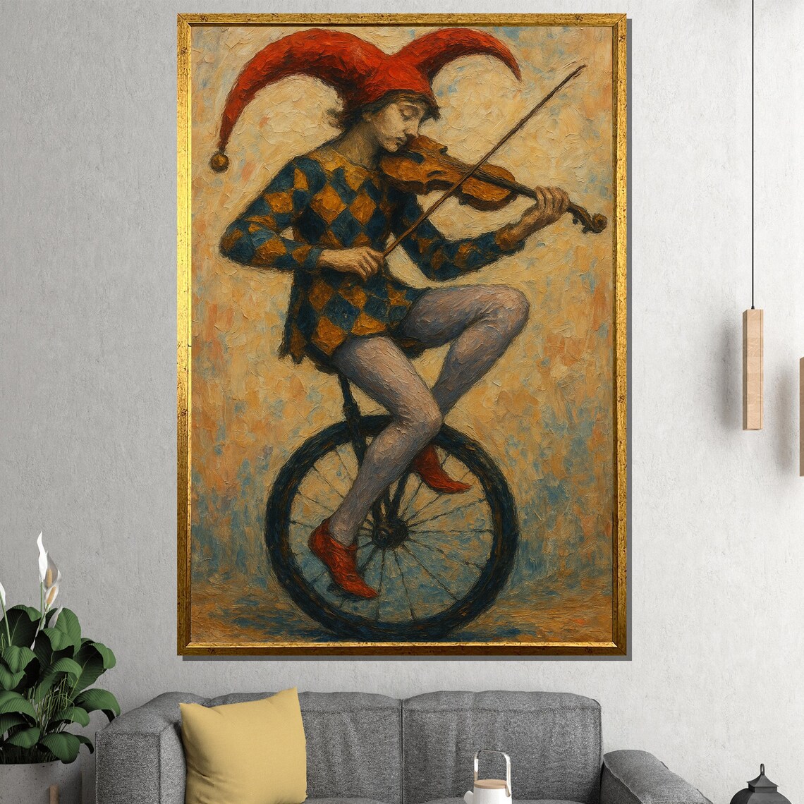 Jester Playing Violin On Unicycle Harlequin Oil Painting Whimsical Poster