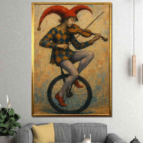 Jester Playing Violin On Unicycle Harlequin Oil Painting Whimsical Poster