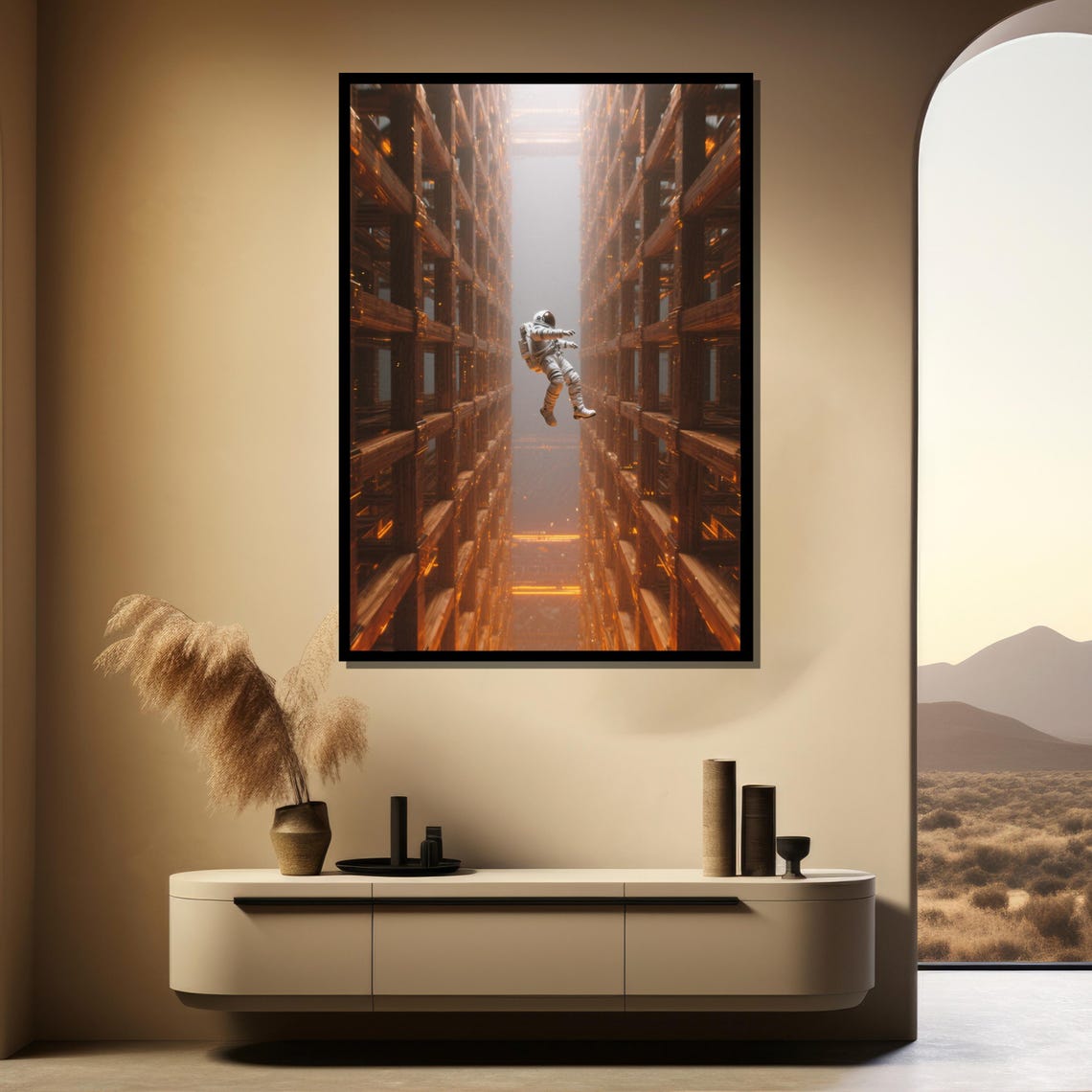 Astronaut Floating in Futuristic Glowing Orange Corridor Sci Fi Poster - Image 2