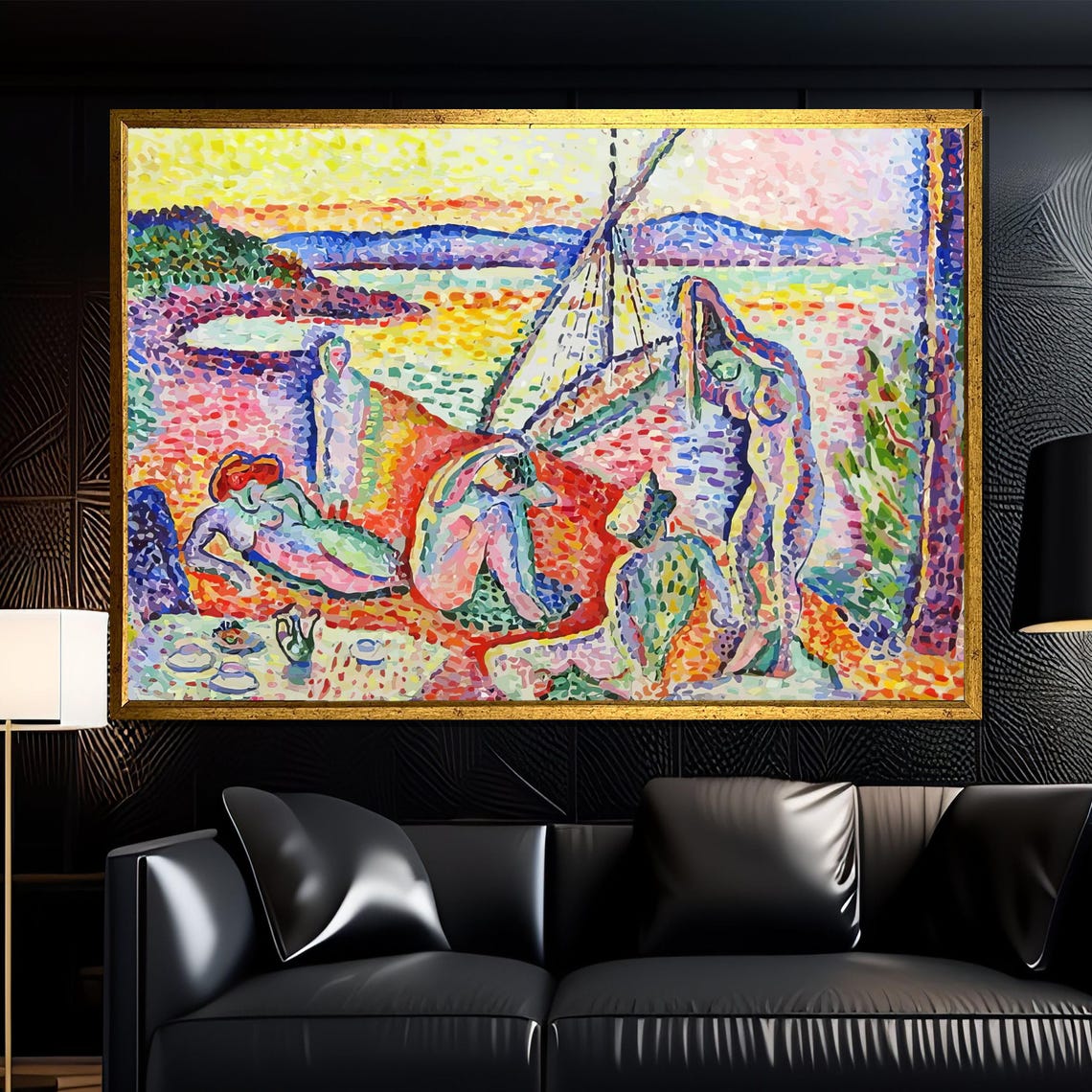 Matisse Style Pointillist Beach Bathers With Sailboat Scene Poster
