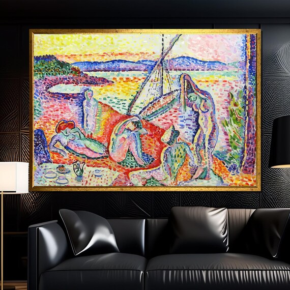 Matisse Style Pointillist Beach Bathers With Sailboat Scene Poster