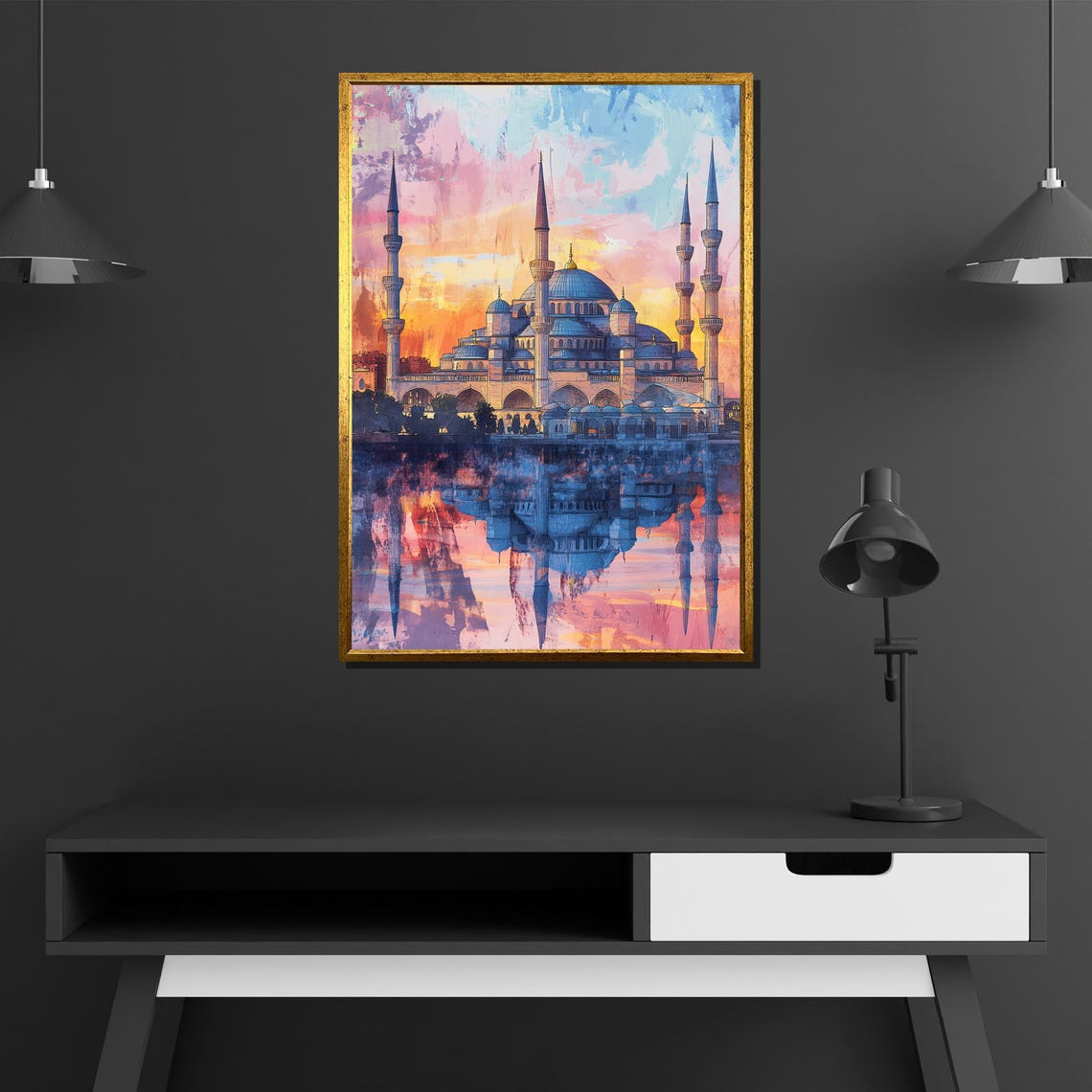 Blue Mosque Istanbul Sunset Reflection Pink Sky Islamic Art Poster - Image 2