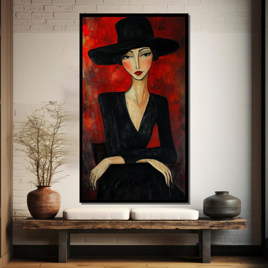 Elegant Woman In Black Hat, Minimalist Modern Portrait - Image 3