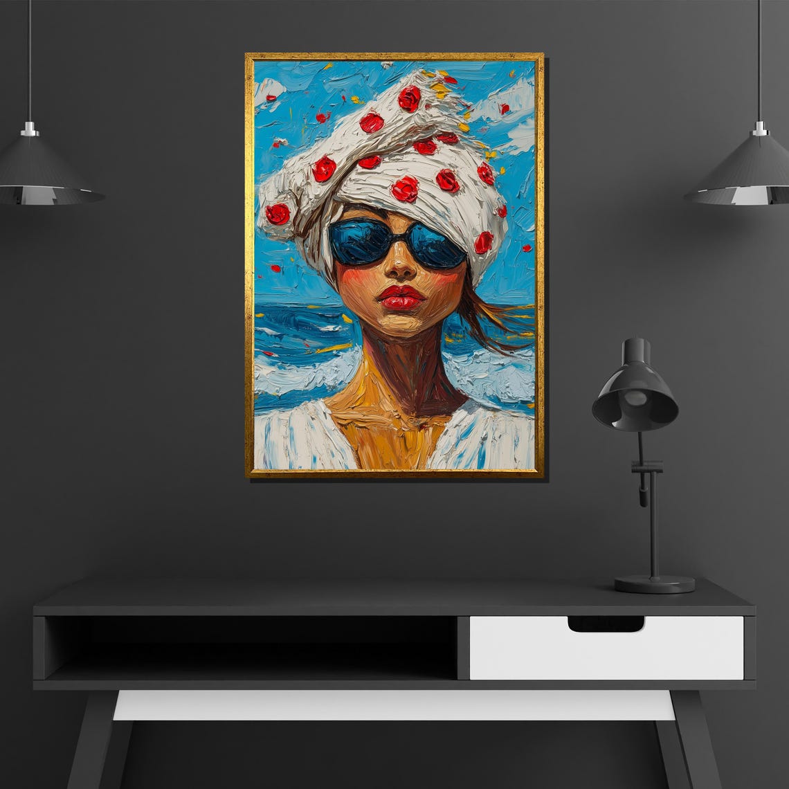 Summer Woman With Sunglasses Beach Turban Impasto Art Poster - Image 4