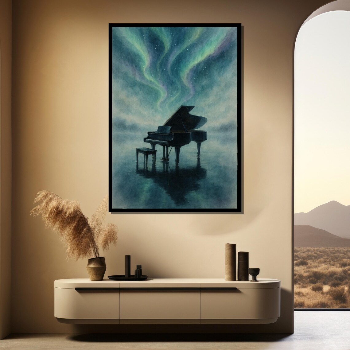 Grand Piano Standing Under Green Aurora Borealis Night Sky Dreamy Painting Poster - Image 3