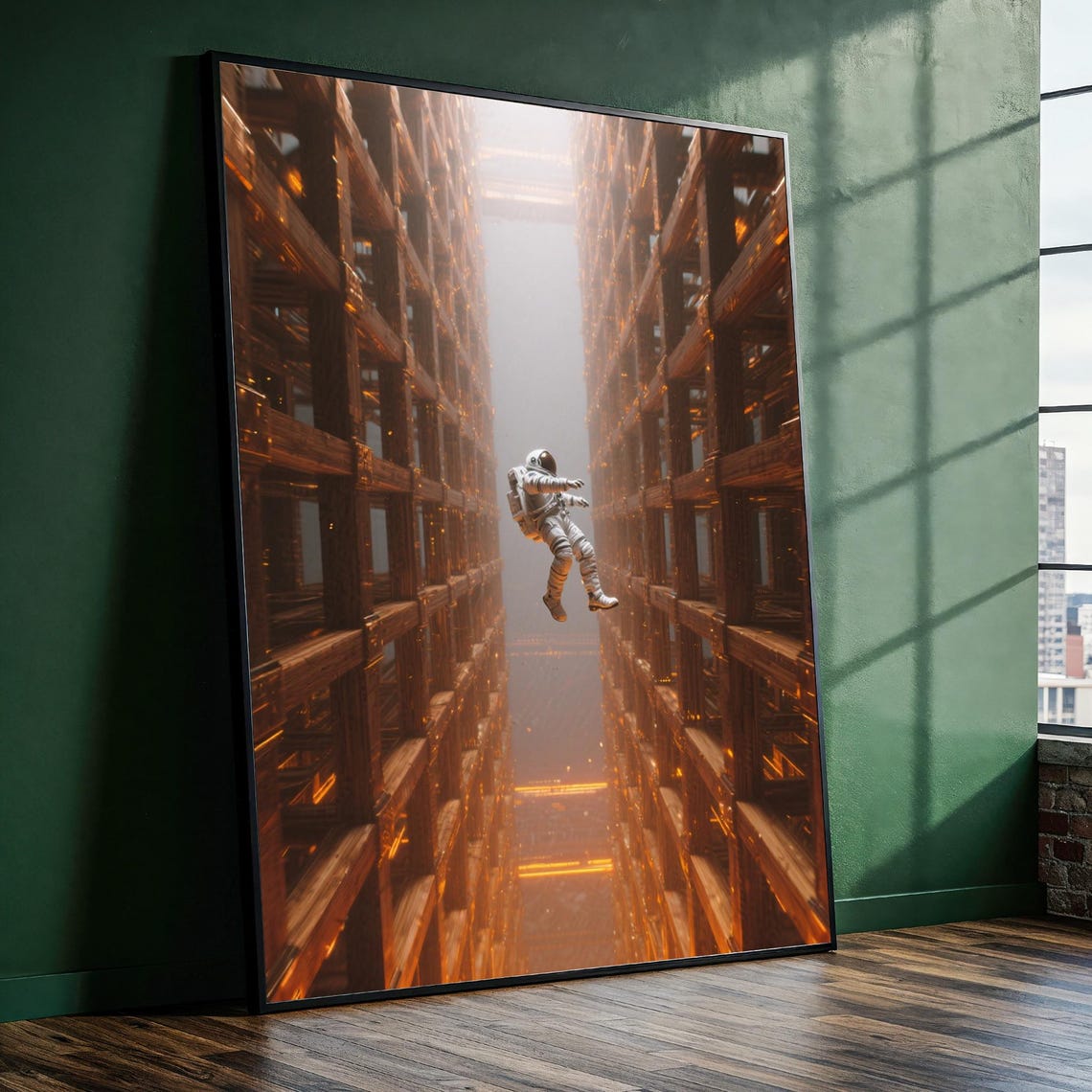 Astronaut Floating in Futuristic Glowing Orange Corridor Sci Fi Poster