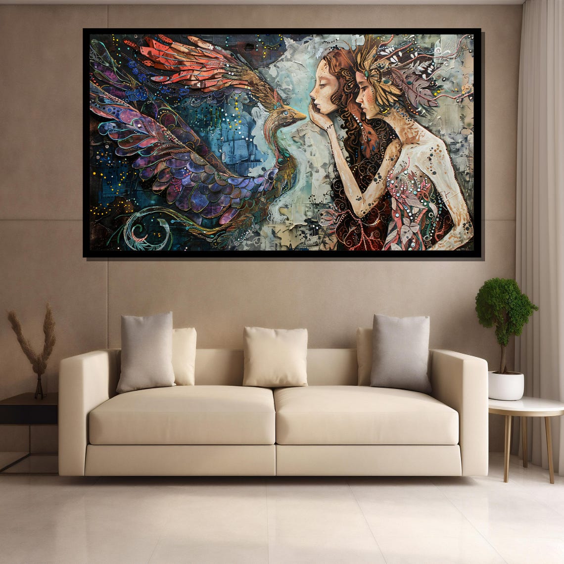 Enchanted Women and Celestial Bird Whimsical Myth Fantasy Art Poster - Image 3