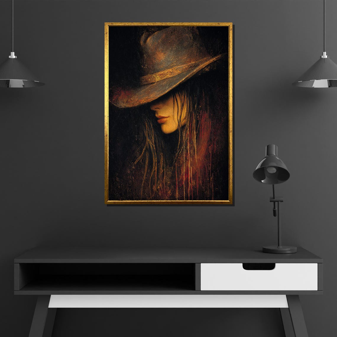 Mysterious Cowgirl Shadowed Hat Western Noir Portrait Poster - Image 2