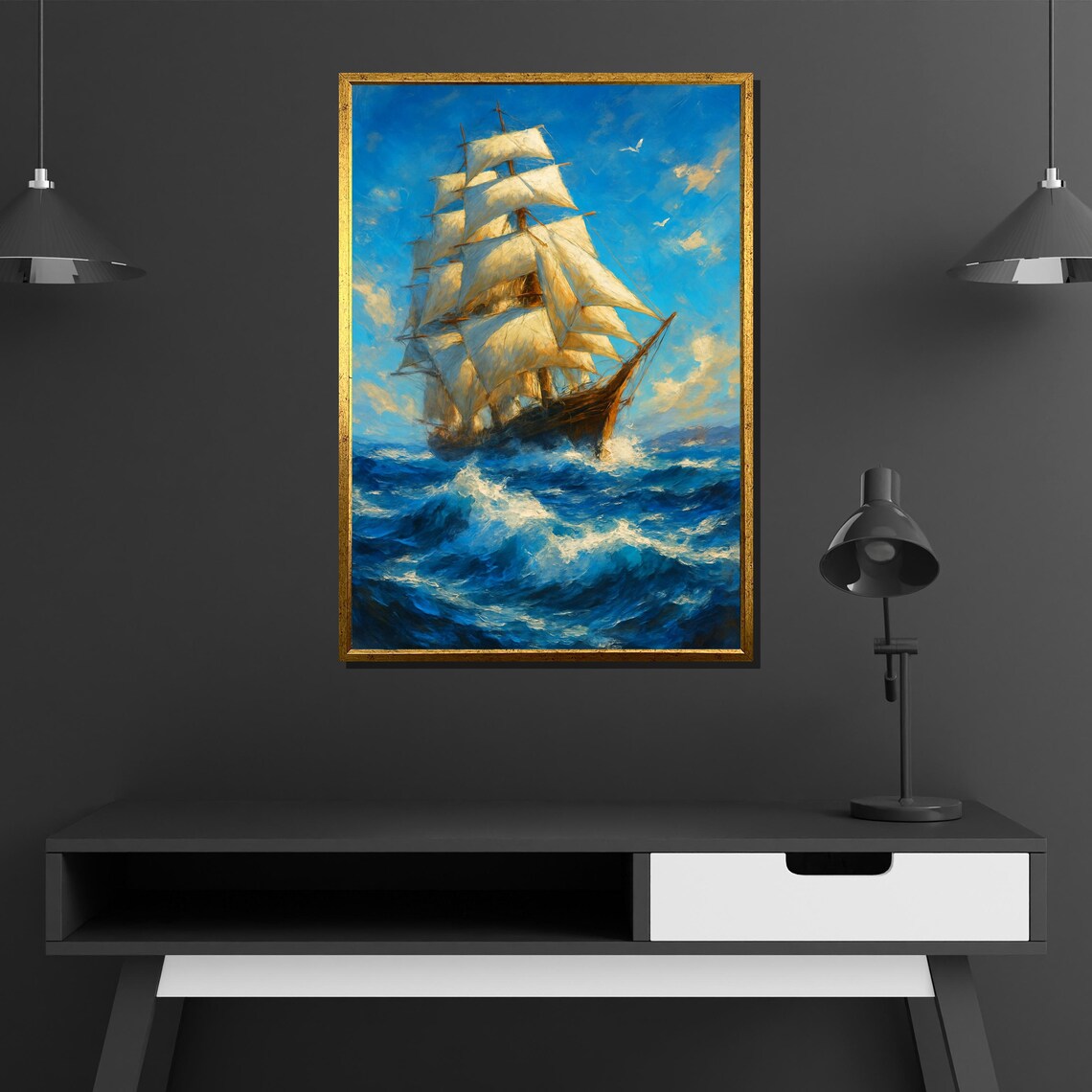 Majestic Tall Ship with Billowing Sails on Deep Blue Ocean Waves Painting Poster - Image 4