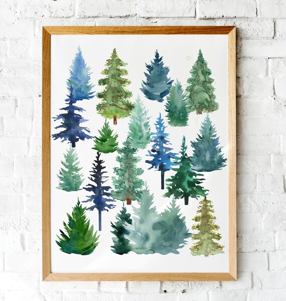 Watercolor Christmas Trees In Green And Blue Holiday Wall Art