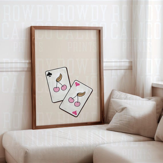 Cherries Playing Cards Cowboy Western Vintage Style Prints Minimalist Neutral Colors Trendy Wall Art Posters