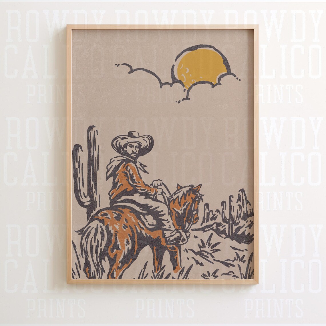 Vintage Cowboy Horseback Desert Sunset Saguaro Wild West Art Poster - Image 2