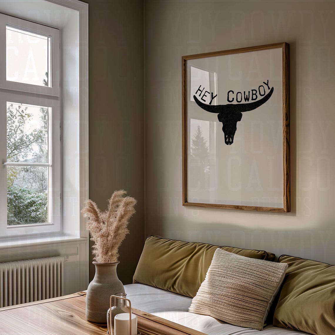 Hey Cowboy Arched Type Black Longhorn Skull Rustic Western Art Poster - Image 2