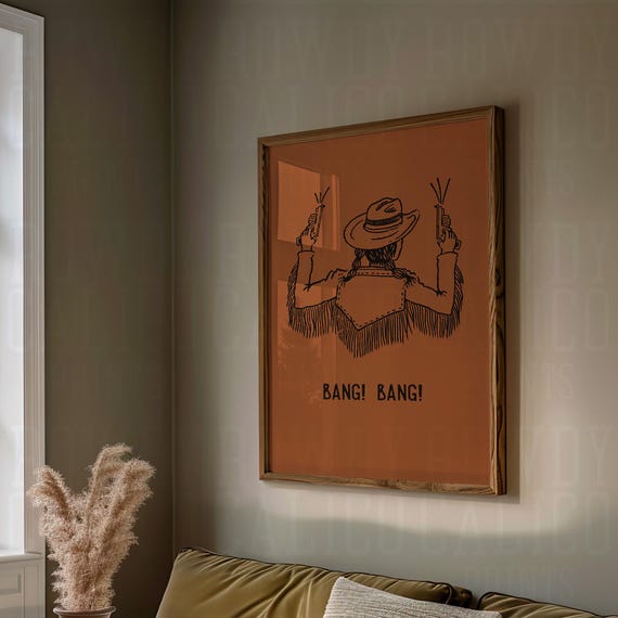 Bang Bang Cowgirl Western Vintage Style Prints Minimalist Neutral Colors Trendy Wall Art Poster Orange