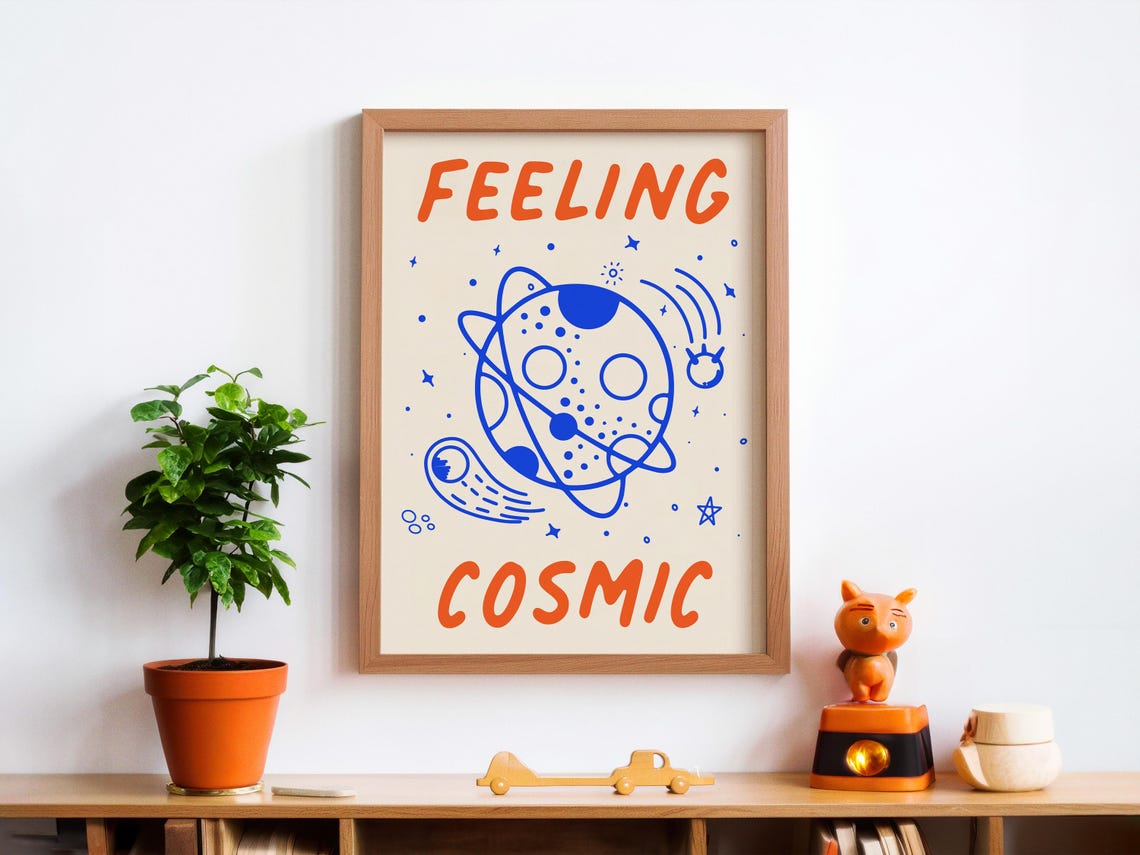 Feeling Cosmic Blue Planet Doodle Art Kids Room Space Poster