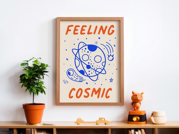 Feeling Cosmic Blue Planet Doodle Art Kids Room Space Poster
